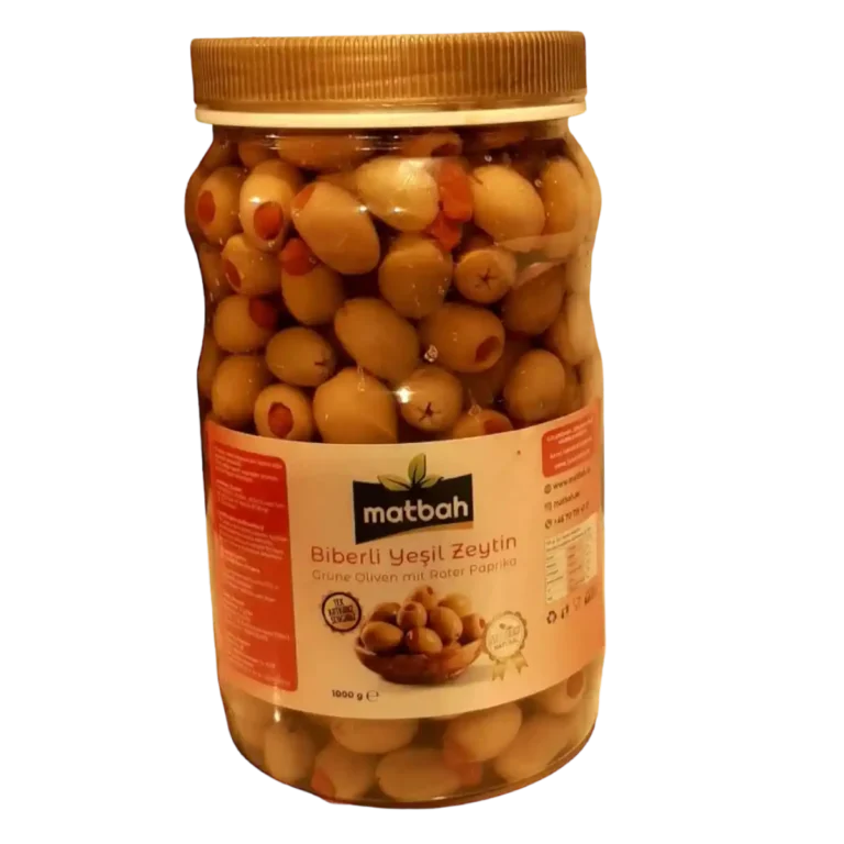 Green Olives With Peppers Prepared using traditional methods.Contains no additives.