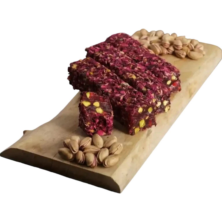 Rose Leaf Wrapped, Pomegranate, Pistachio Thread Turkish Delight It is prepared using traditional methods, with fresh and high quality ingredients.Contains no additives.