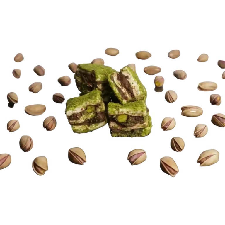 Pistachio Powder Coated Chocolate Cream Pistachio Baklava Turkish Delight It is prepared using traditional methods, with fresh and high quality ingredients.Contains no additives.