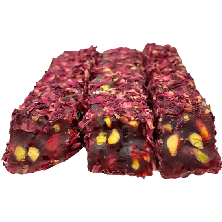 Rose Leaf Wrapped, Pomegranate, Pistachio Thread Turkish Delight It is prepared using traditional methods, with fresh and high quality ingredients.Contains no additives.